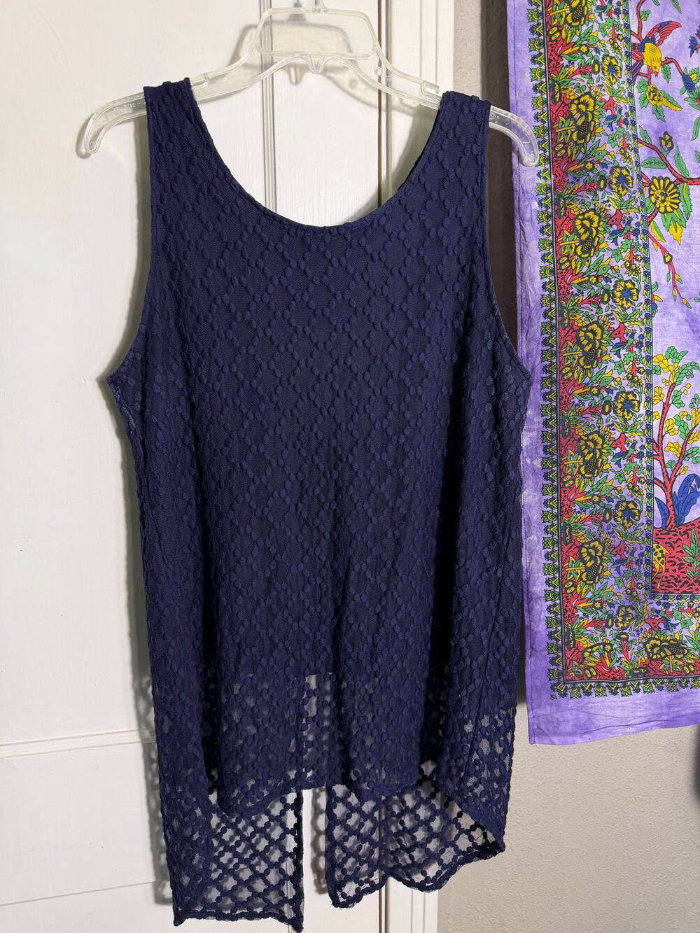 Capri Navy Blue Lace High Low Tank Top Split Back Sheer Overlay Womens Large